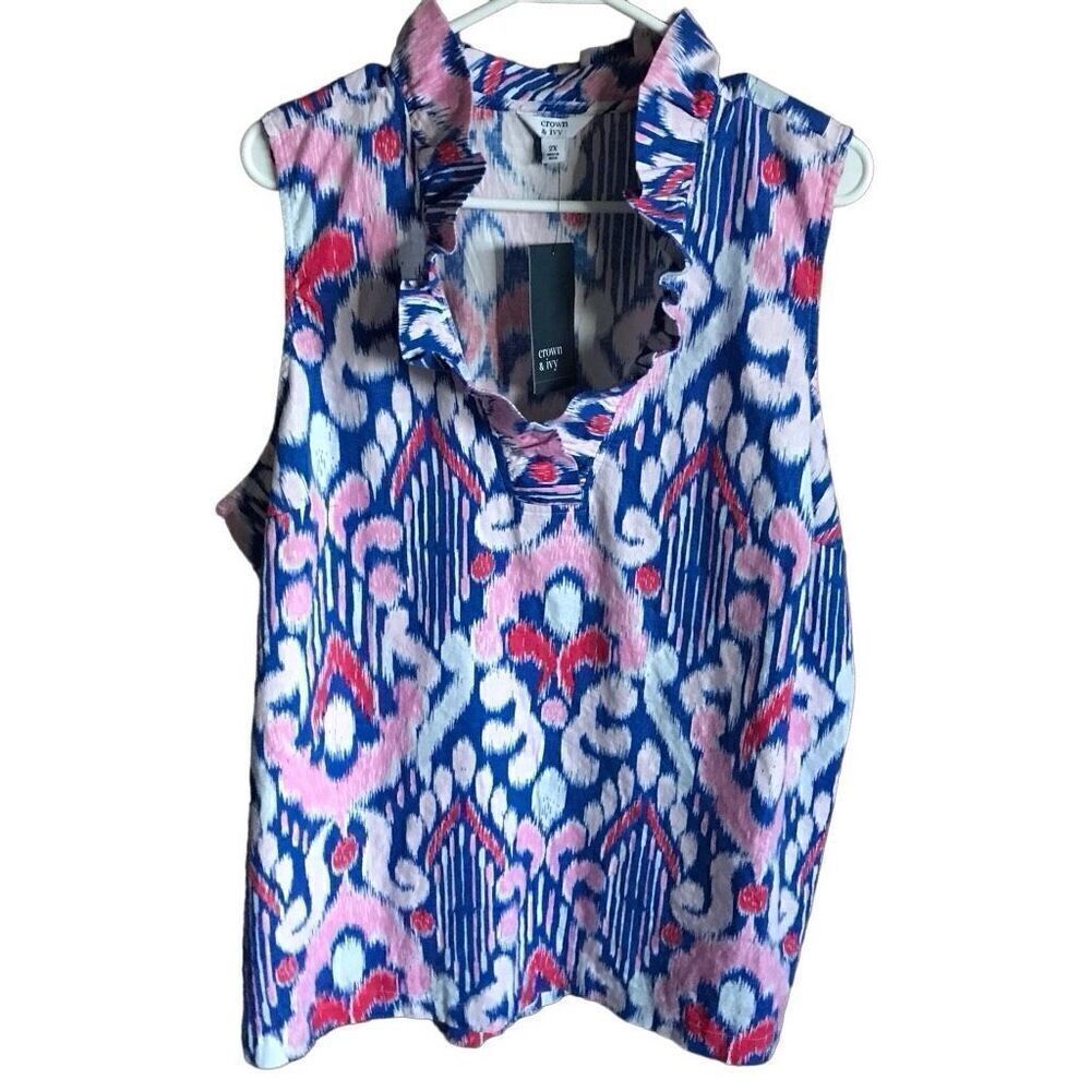 Crown & Ivy Blouse top blue pink Linen blend sleeveless plus SZ 2X New w/tags